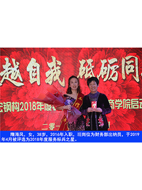 隋海风，女，38岁，2016年入职，现岗位为财政部出纳员，于2019年4月被评比为2018年度服务标